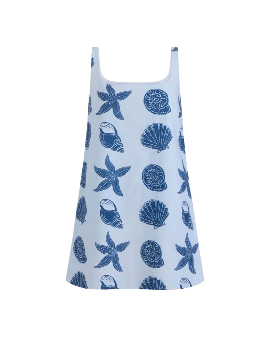 Coco Shop Cappie Mini Dress Blue MHN S26 | Michael Hayes Newport | Michael Hayes Newport Light blue sleeveless dress with a dark blue seashell and starfish print for a seaside look.