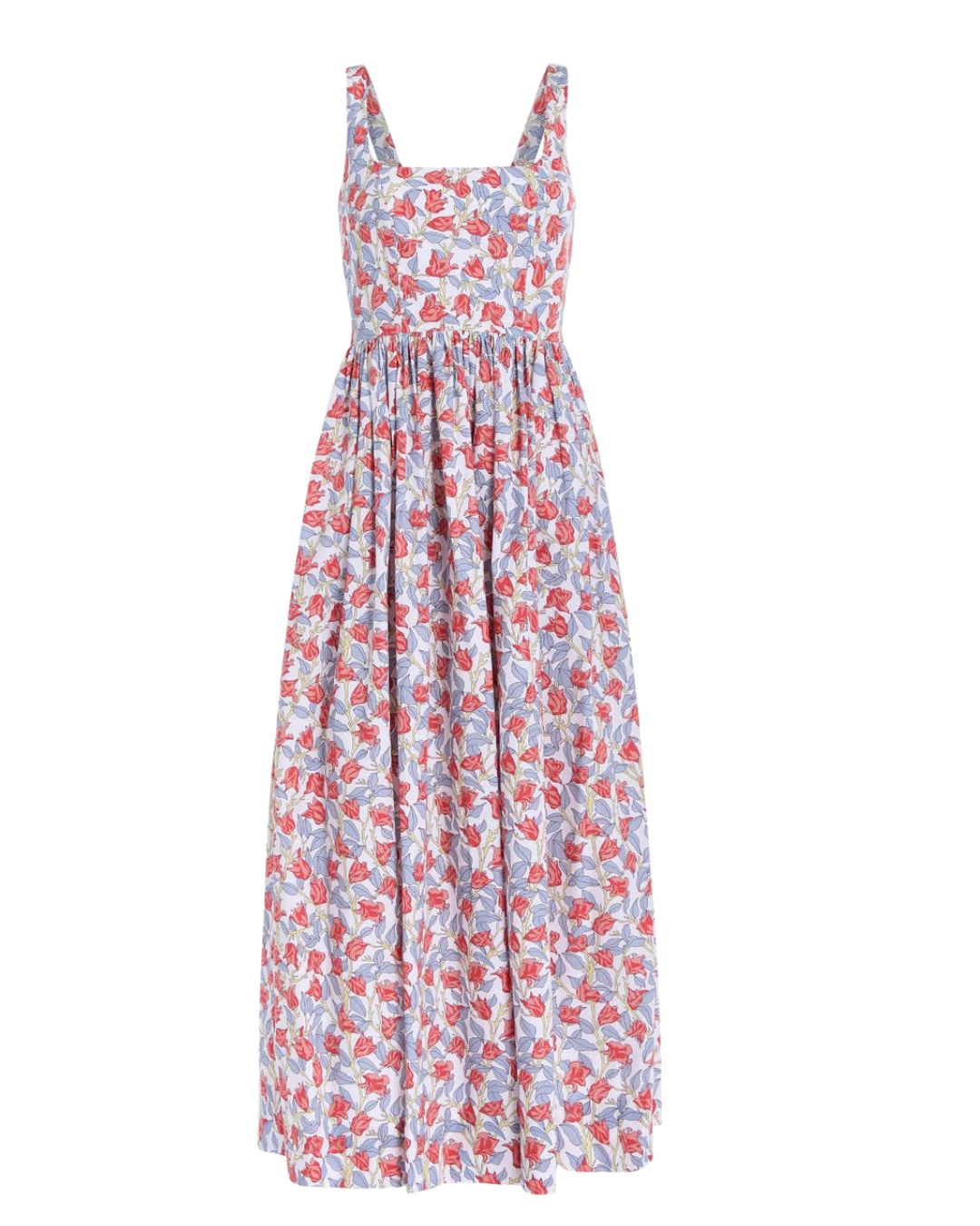 Coco Shop Scoop Neck Dress Red MHN S26 | Michael Hayes Newport | Michael Hayes Newport Floral print maxi dress with pink and purple blossoms on a light background, sleeveless with a fitted waist and flowing skirt.