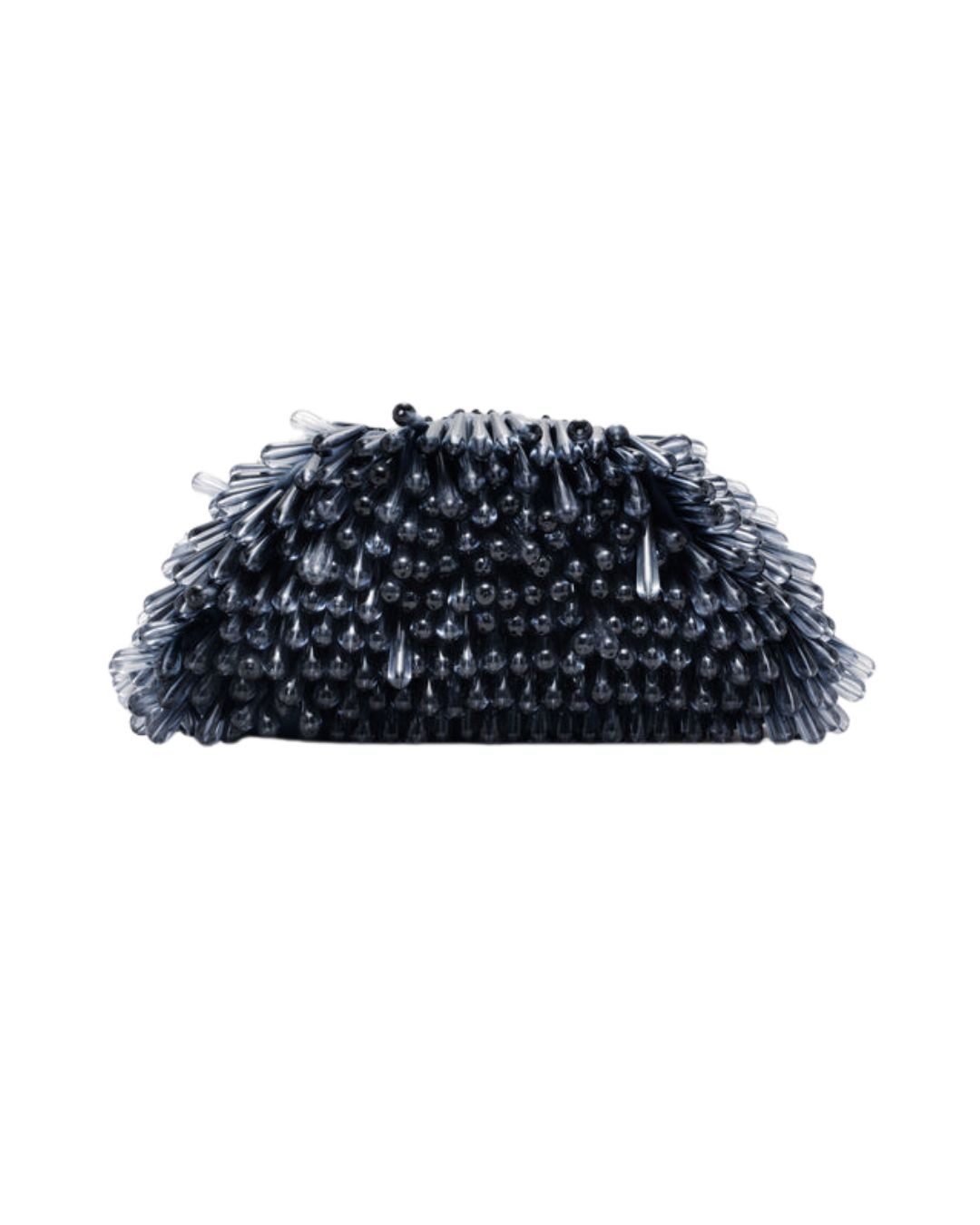 Cult Gaia Clutch | Michael Hayes Newport | Michael Hayes Newport Black beaded clutch purse covered in dense, teardrop-shaped beads on a white background.