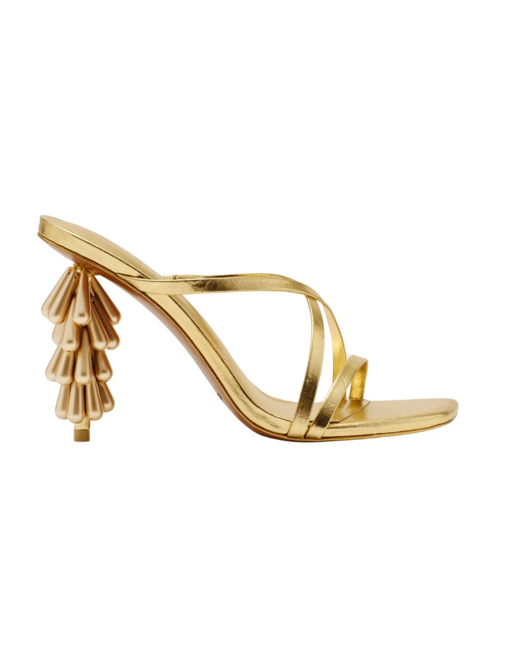 Cult Gaia Gold Shoe | Michael Hayes Newport | Michael Hayes Newport Gold strappy sandal with a decorative sculpted cone-heel featuring stacked teardrop shapes.