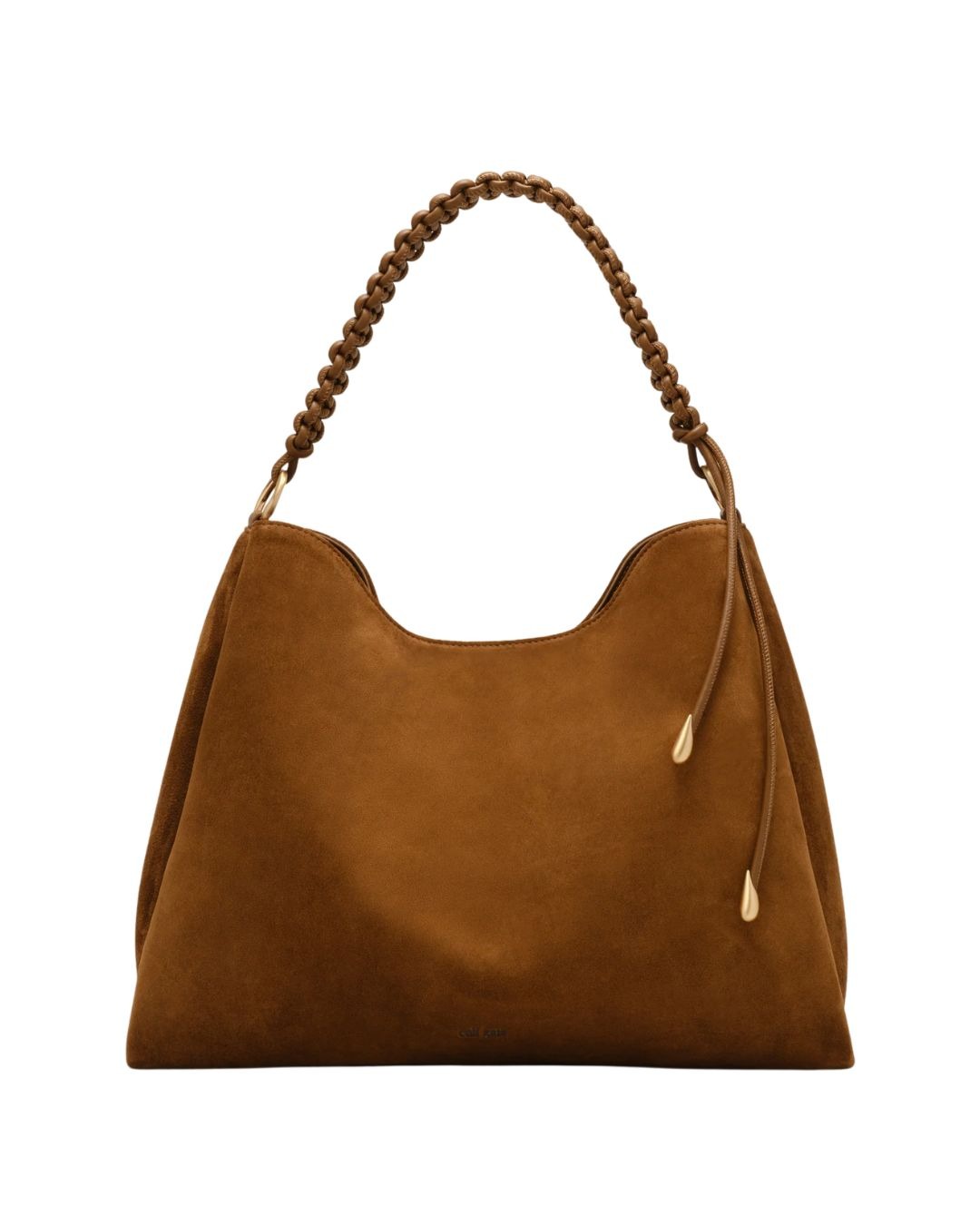 Cult Gaia handbag | Michael Hayes Newport | Michael Hayes Newport Brown suede hobo bag with braided top handle and gold-toned tassel charms