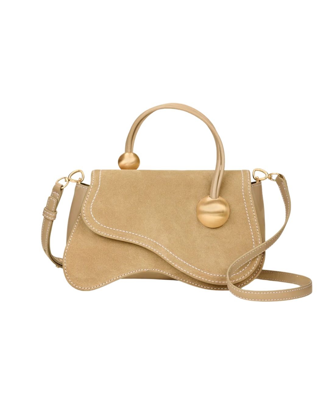 Cult Gaia handled bag | Michael Hayes Newport | Michael Hayes Newport Beige suede handbag with a curved flap, gold-tone knobs, top handle, and a detachable crossbody strap.