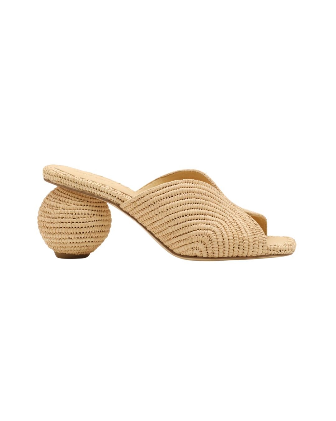 Cult Gaia shoe | Michael Hayes Newport | Michael Hayes Newport Beige woven mule sandal with a round woven ball heel.