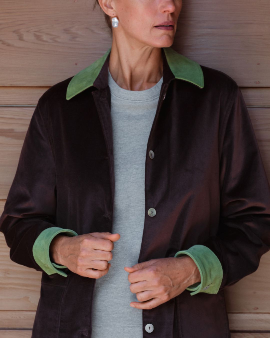 Donni Brown Button Down Coat with Green on model for MHN | Michael Hayes Newport | Michael Hayes Newport