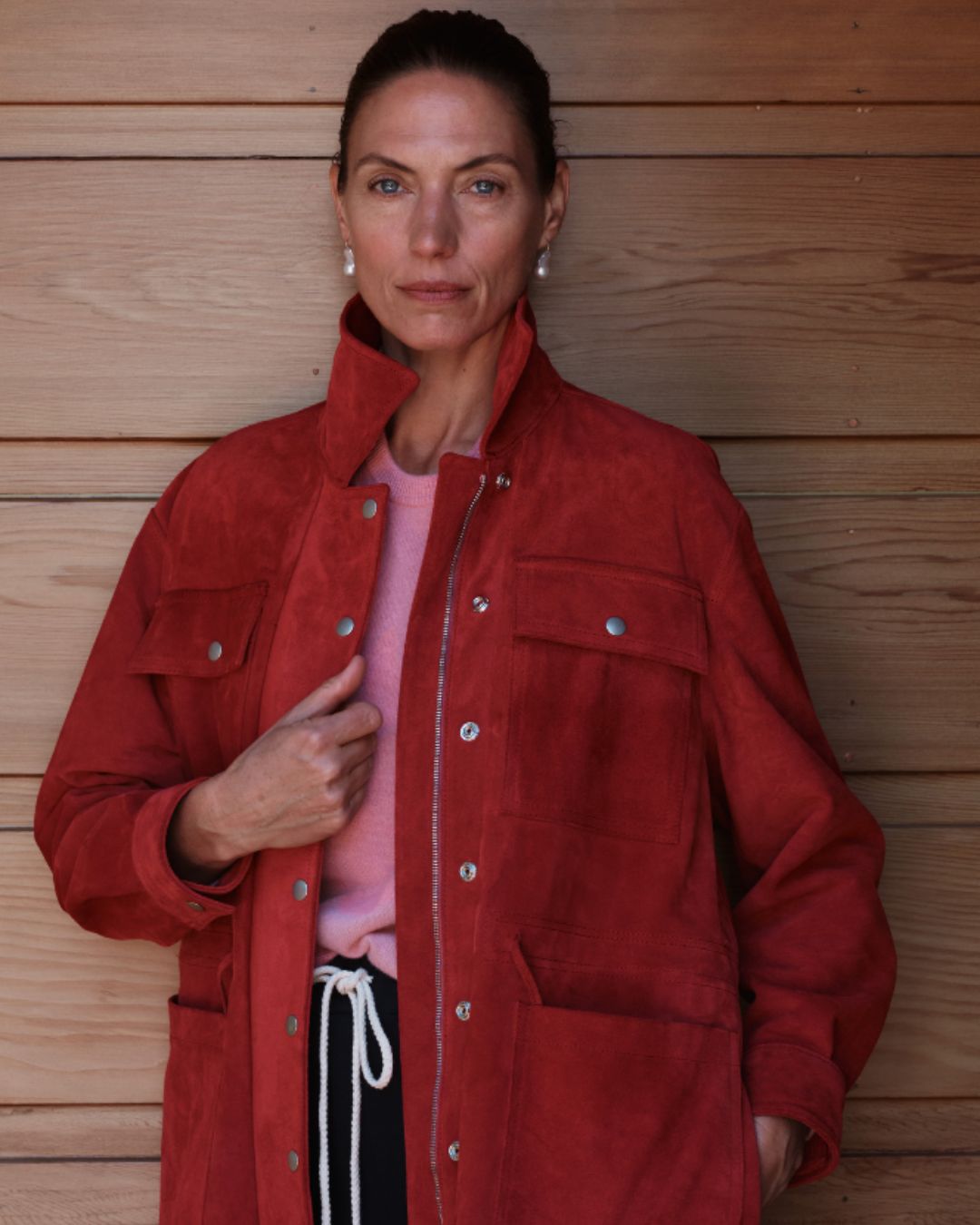 Donni Red Button Down Coat with on model for MHN | Michael Hayes Newport | Michael Hayes Newport