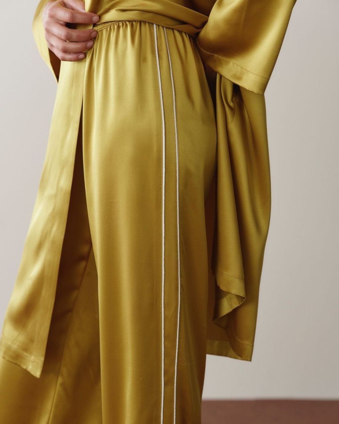 Donni Satin Pistachio Pants on model for MHN | Michael Hayes Newport | Michael Hayes Newport